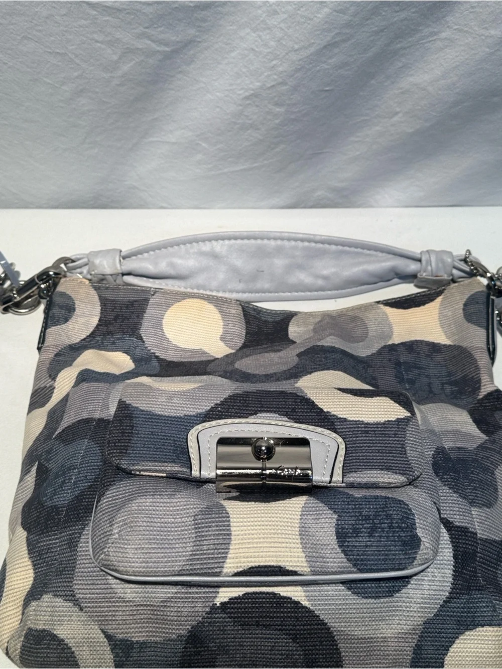 Coach Blue & White Signature Chain-Detail Hobo